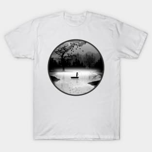 young angler in the boat on a beautiful lake T-Shirt